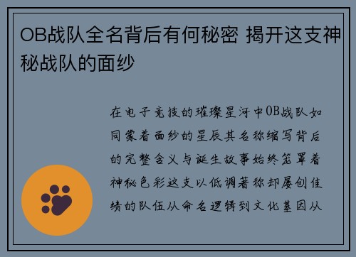 OB战队全名背后有何秘密 揭开这支神秘战队的面纱