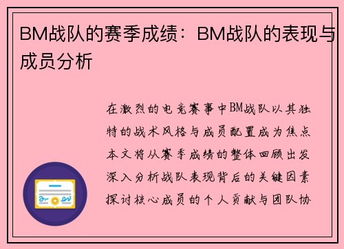 BM战队的赛季成绩：BM战队的表现与成员分析